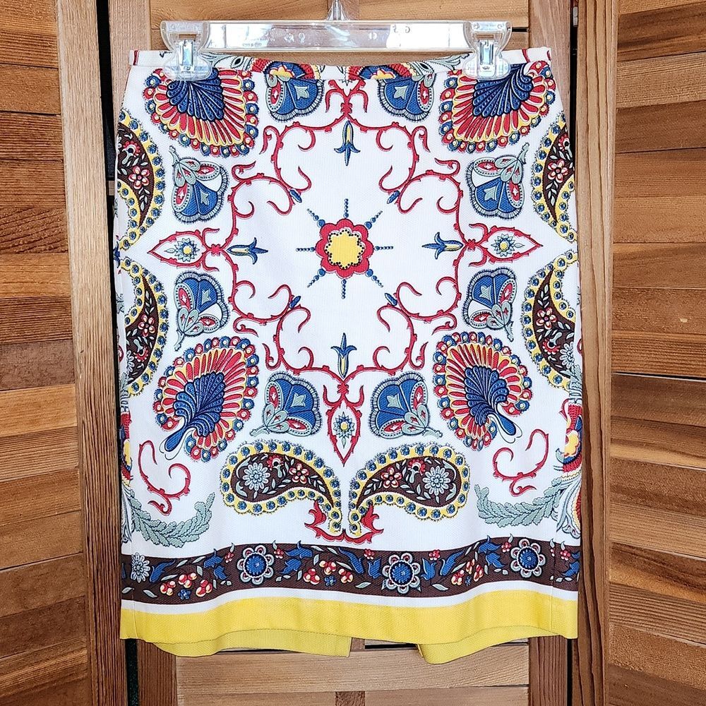 Tommy Hilfiger White Yellow Brown Red Blue Skirt Women's Size 6 Cotton Polyester